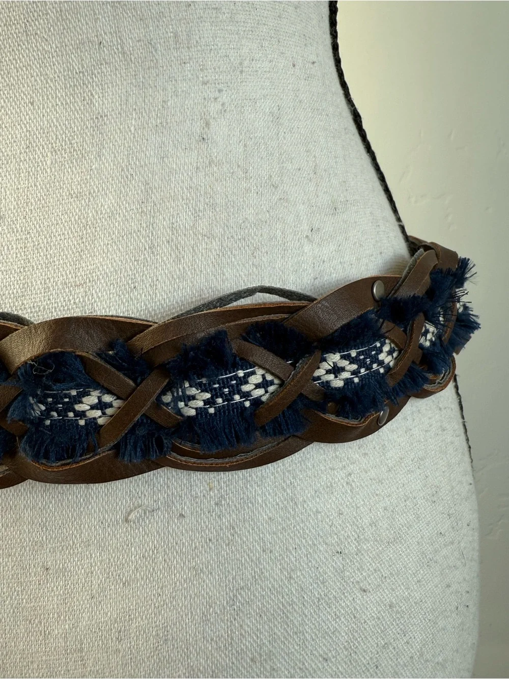 Boho Braided Leather Belt Blue Fringe Woven Western Festival Waist Belt